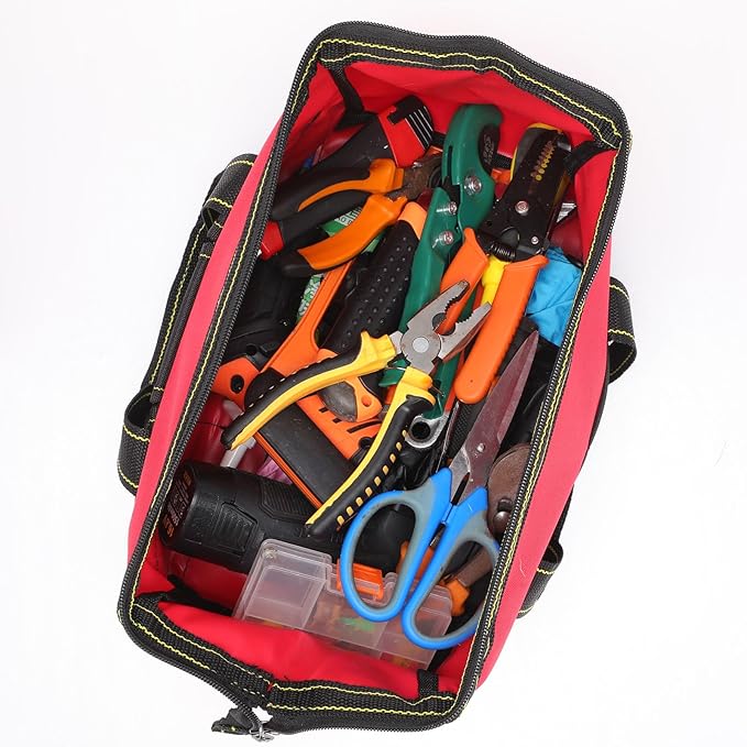 Sanwuta 3 Pack Tool Bag for Men with Waterproof Hard Bottom, Heavy Duty Tool Bag Wide Mouth Tote for Various Instrument, Electrician Carpenter Mechanic(Red, Army Green, Blue,13 Inch,Classic)