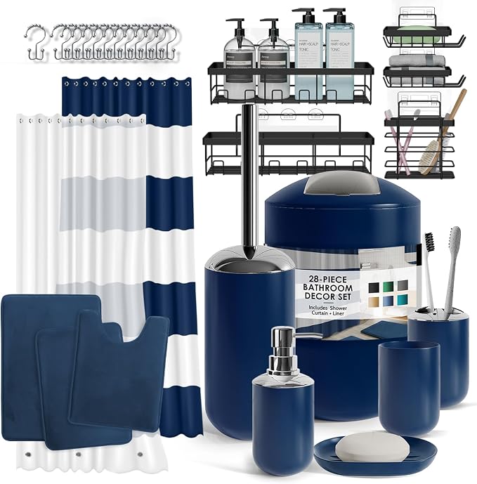 Clara Clark Bathroom Accessories Set - 28PC Bathroom Set with Adhesive Corner Shower Caddy Hanging, Bathroom Sets with Shower Curtain and Rugs, Navy Shower Curtain Set with Bathroom Trash Can