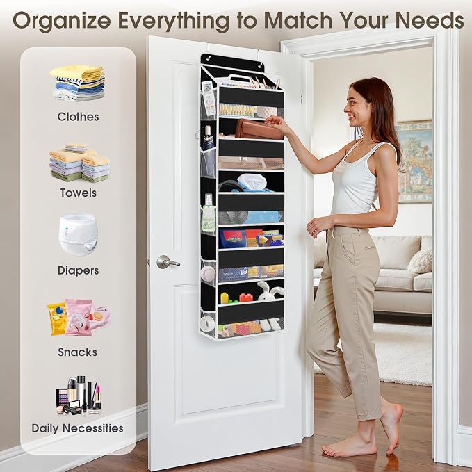 SpaceHacks 2 Pack Over The Door Organizer, Hanging Storage Organizer with Clear Window, 40lb Ultra Sturdy Large Capacity Room Organizer for Pantry Laundry Bathroom Nursery Closet (Black)