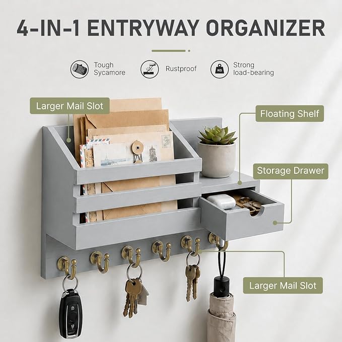 FifthQuarter Key and Mail Holder for Wall, Mail Organizer Wall Mount with 6 Hooks and Storage Drawer, Easy Installation Key Rack for Entryway and Home Decor (A-Grey)