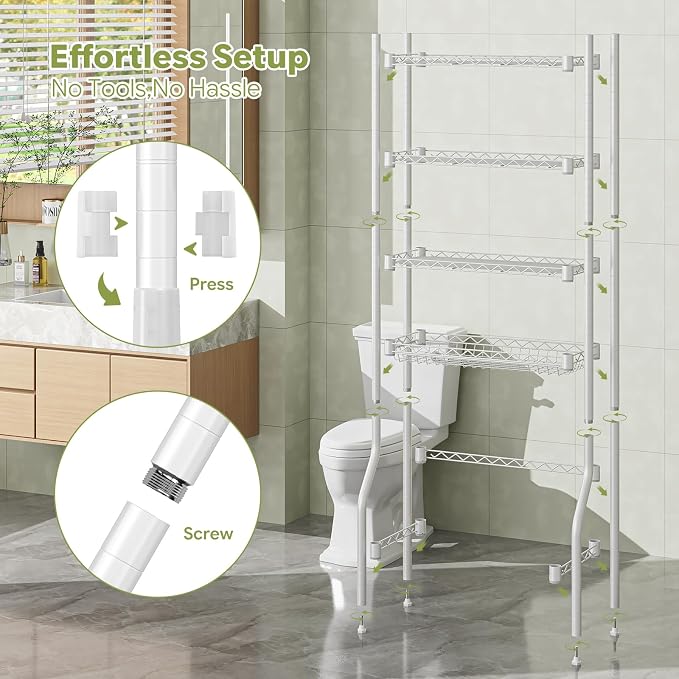 Simple Trending 4 Tier Over The Toilet Storage Rack, Bathroom Organizers and Storage Over Toilet with Adjustable Shelf and Basket, White