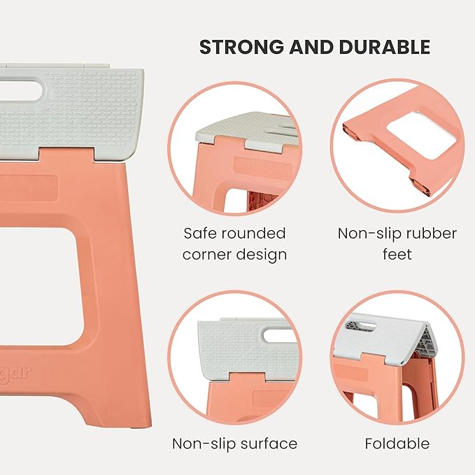 Vigar Compact Folding Step Stool - 12-1/2 Inch Foldable Step Stool for Adults, Lightweight Portable Stool with Handle, Non Slip Step Stool, Space-Saving Stool up to 330 lb - Sunrise Orange