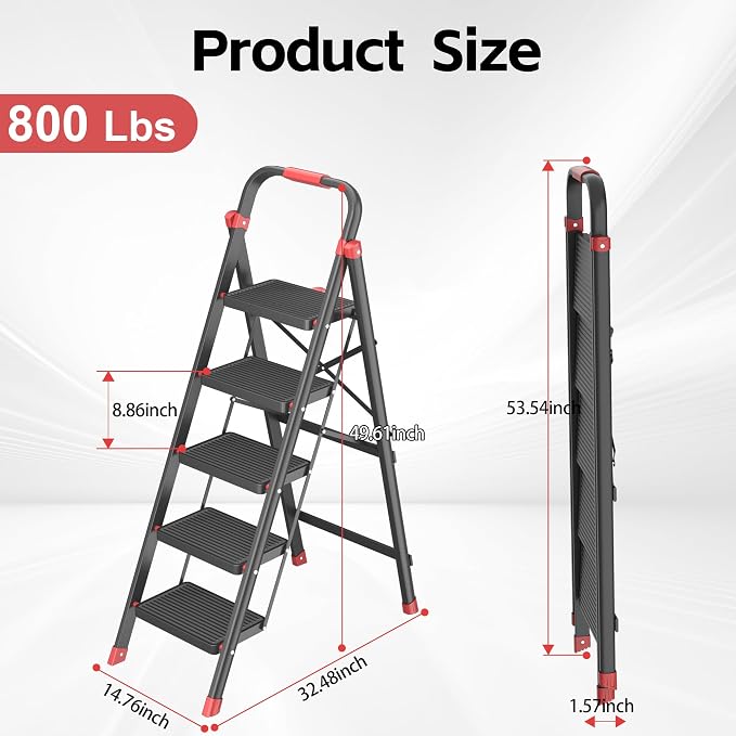 DIAMONDFORGE 800lbs Foldable Step Ladder Stool with Handle, Anti-Slip Wide Pedals & Feet, 5-Step Capacity, Sturdy Stepstool Folding for Adults in Home & Kitchen Use - Black