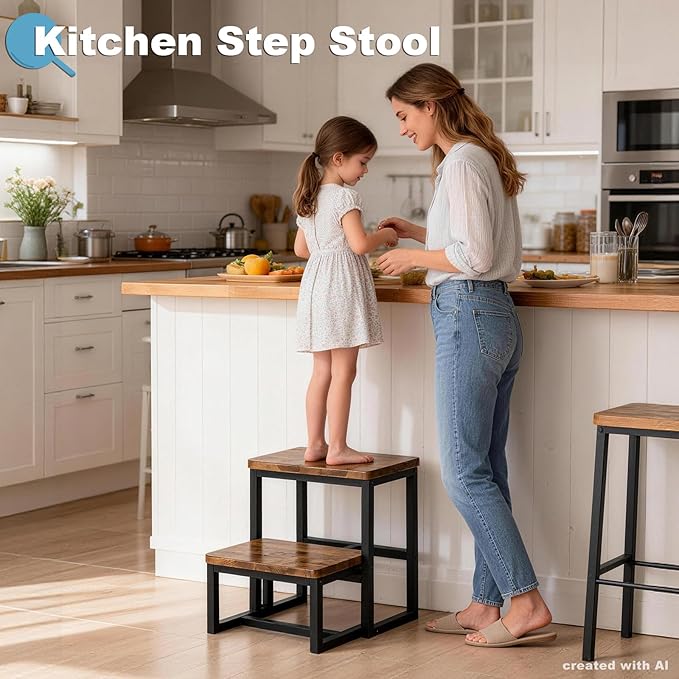 2 Step Stool for Adults Wooden Step Stool with 500 Lbs Capacity, 3 in 1 Heavy Duty Sturdy Stepping Stools Bedside Foot Stool for Kichen/Bathroom/Bedroom High beds, Non-Slip Pads