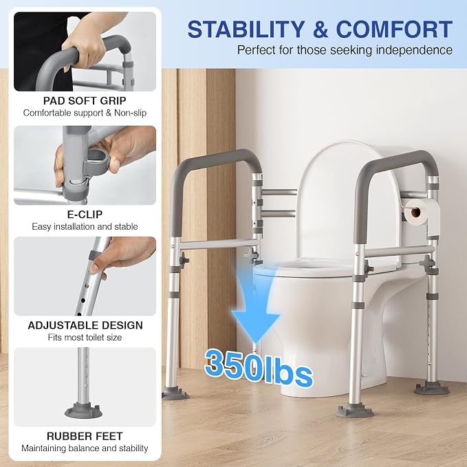 Loyoda Foldable Toilet Safety Rails for Seniors - Adjustable Toilet Safety Frame & Toilet Handles for Elderly & Disabled, Fits Most Toilets, 350lb Capacity, Gray | Safety Frame & Toilet Handles for Elderly & Disabled, Fits Most Toilets, 350lb Capacity,...