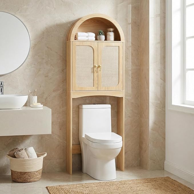 HOOBRO Arched Rattan Over the Toilet Storage Cabinet, 68.1'' Bathroom Organizer with Doors, Bathroom Storage Cabinet with Adjustable Shelf, Wooden Space Saver for Small Bathroom, Natural NL25TS01