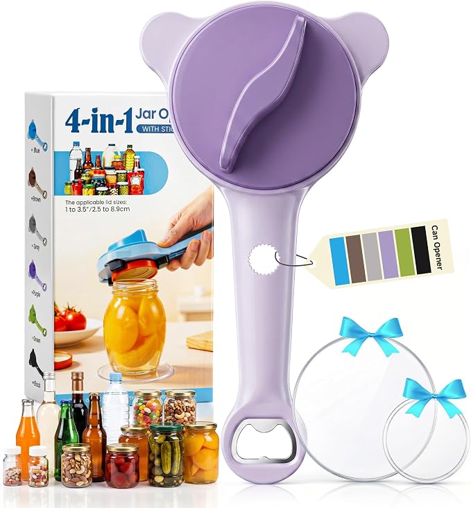 2026 Upgraded 4-in-1 Jar Opener - Adjustable Stainless Steel Lid Remover for Seniors & Arthritis Sufferers, Fits Kitchen Jars, Bottles & Cans Purple