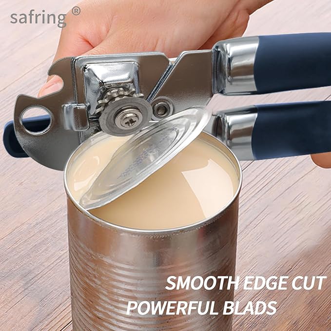 Safring Can Opener Manual, Handheld Strong Heavy Duty Stainless Steel Can Opener, Comfortable Handle, Sharp Blade Smooth Edge, Can Openers with Multifunctional Bottle Opener, Blue