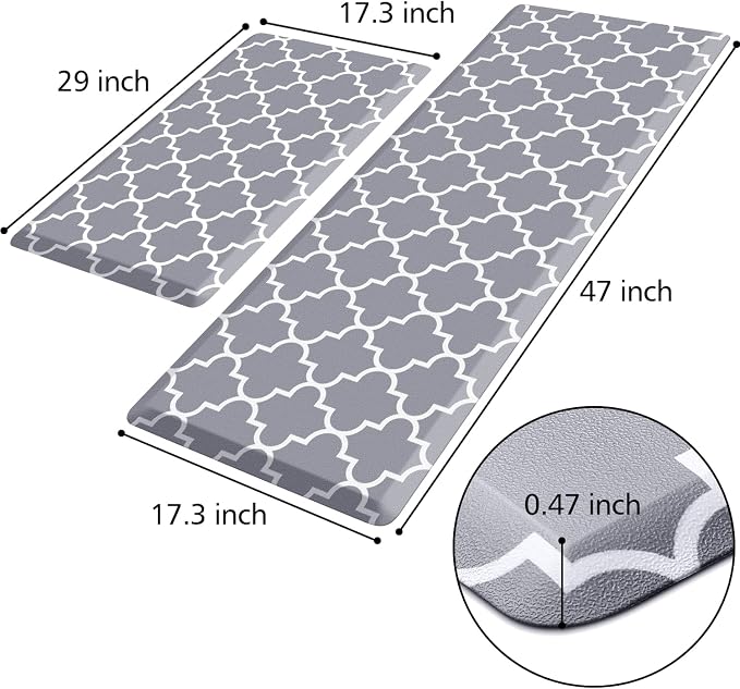 KMAT Mat (2 PCS) 0.47inch Cushioned Anti-Fatigue Rug, Waterproof Non-Skid Rugs Heavy Duty PVC Ergonomic Comfort Standing Mat for Kitchen, Floor Office, Laundry,Grey
