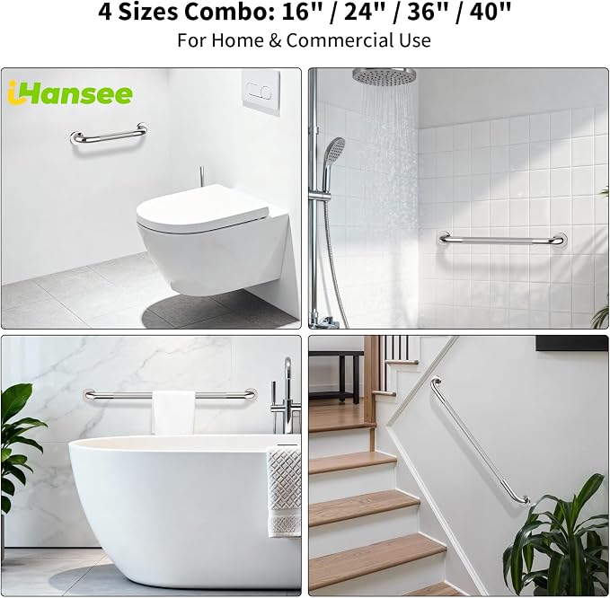 Chrome Grab Bar 4 Pack, iHansee Anti-Slip Bathroom Grab Bar w/Knurled Grip 16/24/36/40 Inch Combo, Stainless Steel Safety Handrail for Shower Toilet, Wall Mounted Handicap Bars for Home & Commercial