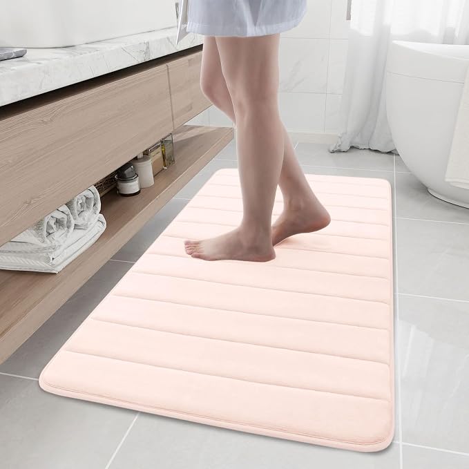 Buganda Memory Foam Bath Mat, 47" x 24", Ultra Soft and Non-Slip Bathroom Rugs, Water Absorbent and Machine Washable Bath Rug Runner for Bathroom, Shower, and Tub, Pink
