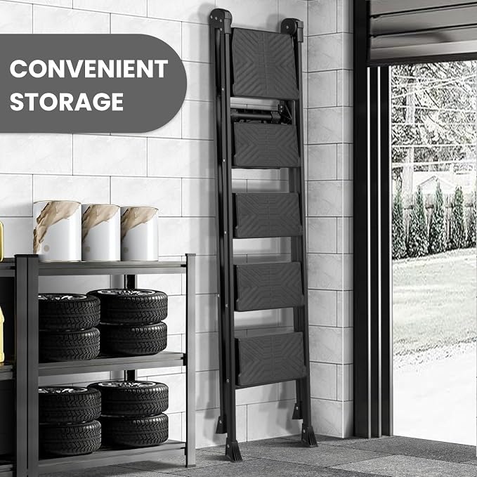 XinSunho 5 Step Ladder, Foldable Handrail & Tool Tray Stool Ladders with Anti-Slip Wide Pedal, 660 lbs Sturdy Steel Ladder for Home Kitchen and Outdoor