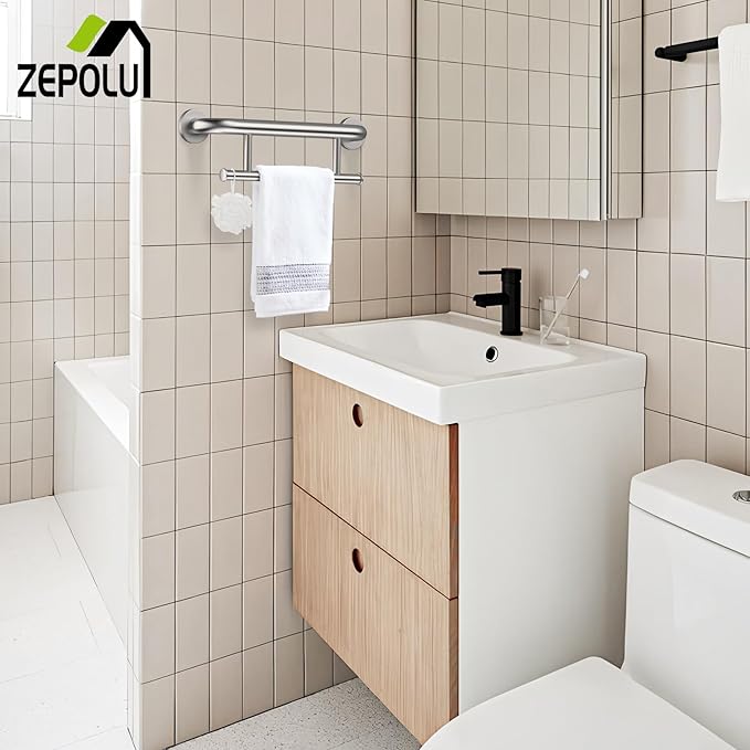 Brushed Nickel Towel Rack Grab Bar Combo, Zepolu Stainless Steel Safety Balanced Assist Support Handle 17 Inch, 2-in-1 Handicap Towel Bar, Wall Mounted Towel Holder for Senior Elderly Disabled