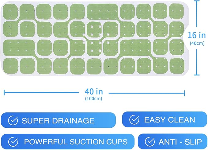 Bathtub Mat Non Slip 40x16 Inch Extra Long Bath Mat, Green Modern Art Shower Mat Non Slip Bath Mat for Tub Anti Slip with Large Drain Holes and Suction Cups,Geometric Design Bathroom Mat for Decor
