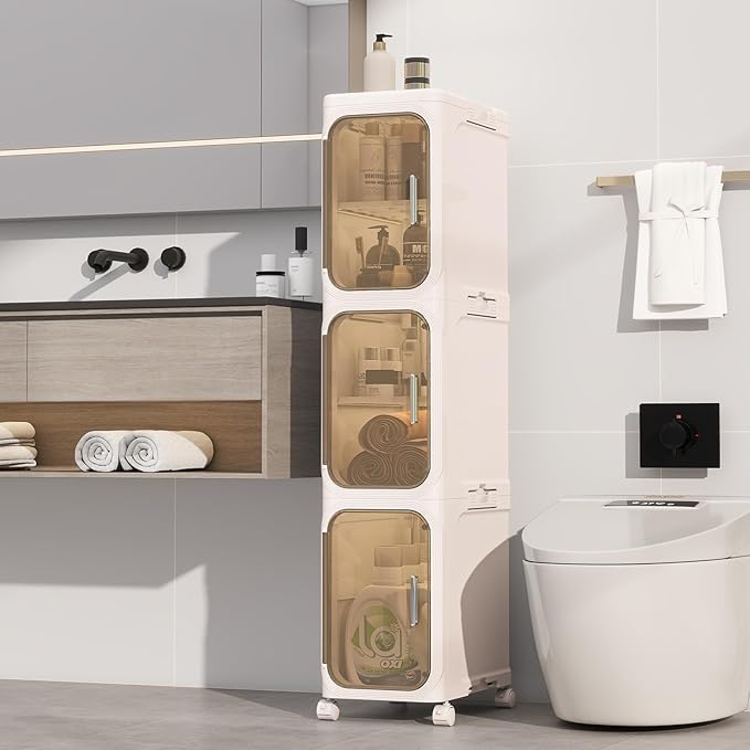 3-Tiers Slim Bathroom Storage Cabinet, Foldable Storage Cabinets,Narrow Bathroom Storage,Movable Bathroom Storage Organizer for Small Spaces,Bathroom,Kitchen,Laundry, Beige