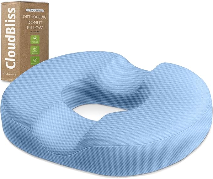 CloudBliss Donut Pillow Stadium Seat Cushion for Tailbone Pain Relief and Hemorrhoids, Memory Foam Seat Chair Cushion, Portable Seat Cushions for Bleachers, Car, Home & Office