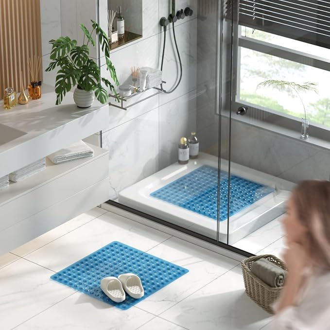 HITSLAM Shower Mat Anti Slip, Square Bath Mat for Tub Non Slip with Suction Cups and Drain Holes, 24x24 Inch Bathroom Shower Stall Floor Mat, Machine Washable, Soft on Feet, Blue