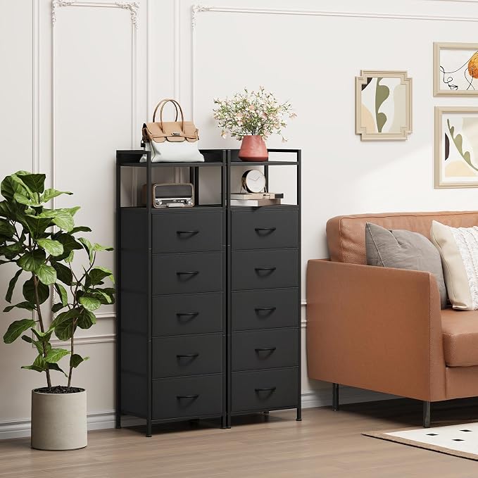 Somdot Tall Dresser for Bedroom, 5 Drawers Nightstand Vertical Storage Tower Unit, Night Stand Furniture with Fabric Drawer Organizer in Bedside Hallway, Entryway, Kids Room, Closet, Black