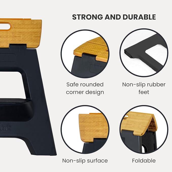 Vigar Compact Folding Step Stool - 16 Inch 2 Step Foldable Step Stool for Adults, Lightweight Portable Stool with Handle, Non Slip Step Stool, Space-Saving Stool up to 330 lb - Black, Bamboo Print Top