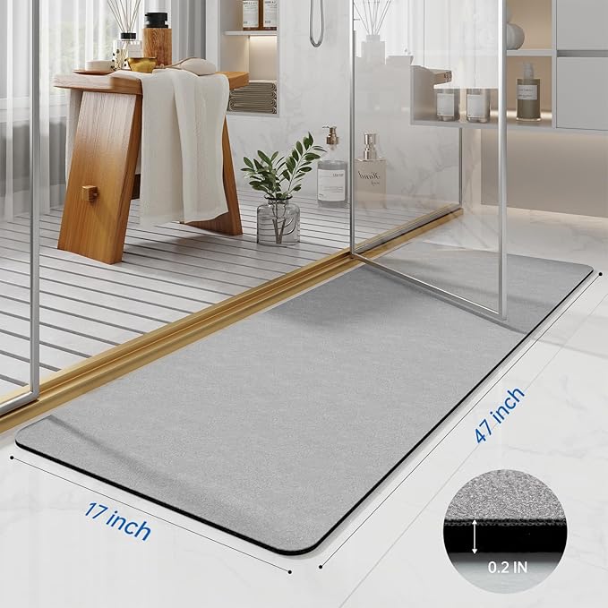 Bathroom Mat Rugs 47x17, Long Diatomaceous Earth Bath Mat Large Quick Dry Bath Mat Non Slip Rubber Backed Super Absorbent Shower Mats, Thin Bathroom Runner Rugs Floor Mat Fit Under Door, Grey