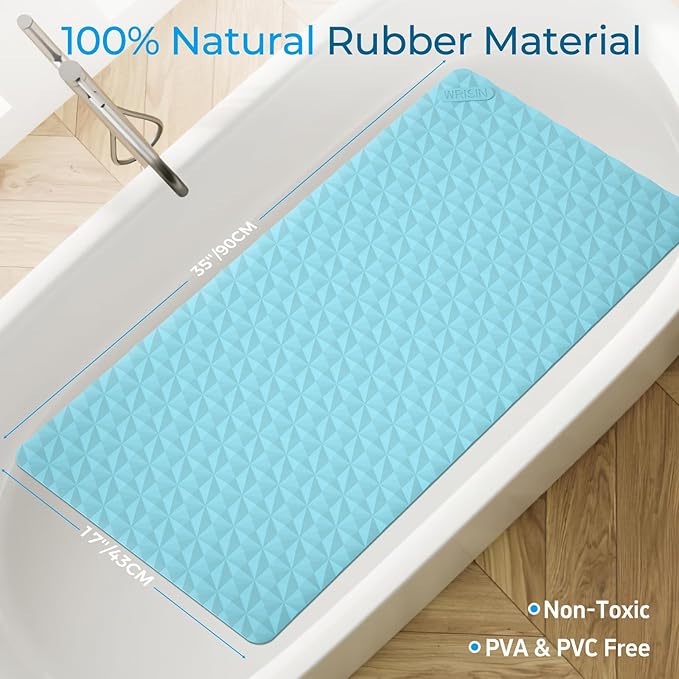 Non Slip Bathtub Mat for Bath Tub Shower Safety - Natural Rubber Mat with Suction Cups ＆ Drain Holes - BPA/PVC Free Large Bathroom Mat - Machine Washable - Unique Diamond Pattern - 17 × 35 Inch