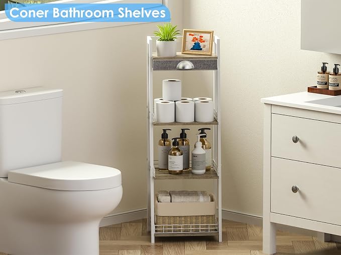 keomaisyto 4-Tier Elegant Ladder Shelf, Bathroom Storage Shelf, Ladder Bookshelf with Drawer, Freestanding Storage Shelves for Bathroom Living Room Study Office, White