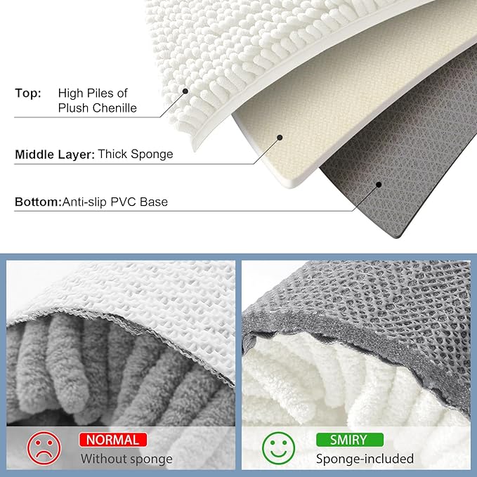 Smiry Luxury Chenille Bathroom Rugs 40x24, Extra Soft and Absorbent Shaggy Bath Mat, Machine Washable, Non-Slip Plush Carpet Runner for Tub, Shower, and Floor, Home Decor Accessories, Ivory