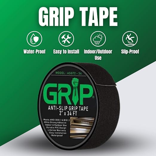 GRIP Anti Slip Tape - 80 Grit High Traction Non-Slip Tape for Stairs, Ramps, Floors, Indoor/Outdoor Use, Easy Cut & Apply, Durable for Heavy Traffic Areas (2" x 34')