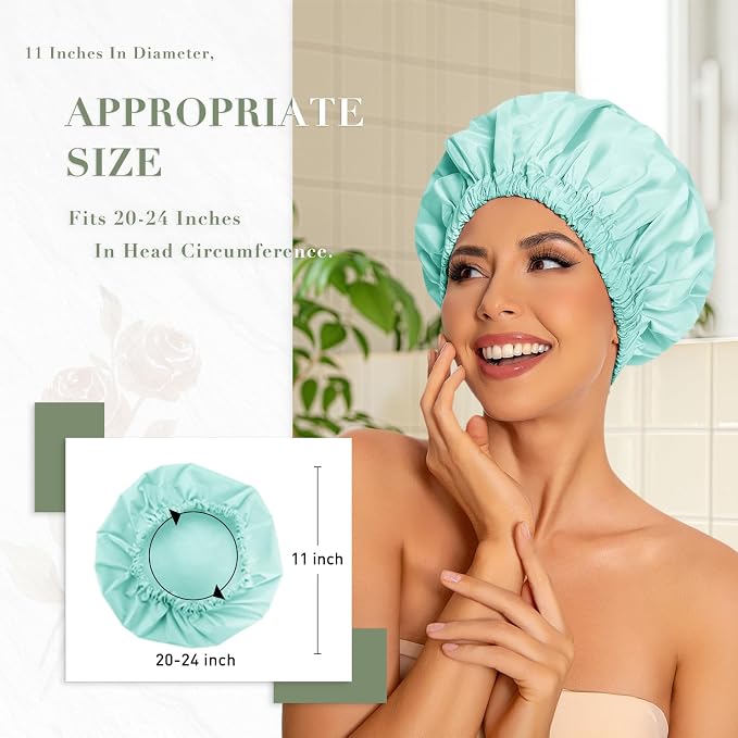 Reusable Shower Cap for Women, Large Waterproof Shower Bonnet with Elastic Band, Washable Bath Hair Cap for Long, Curly Hair, Braids, Daily Shower, Home Spa, Travel(Mint Green)