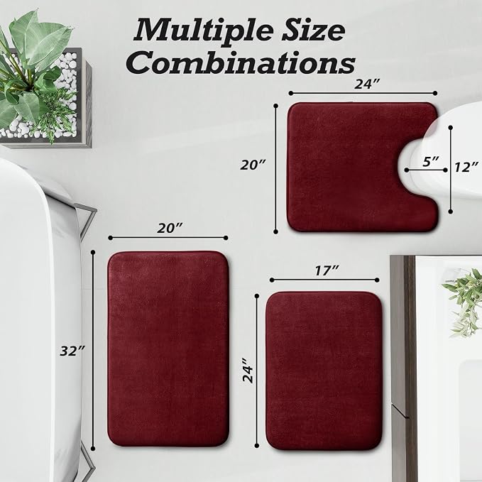 HUXMEYSON Bathroom Rugs Sets 3 Piece, Non-Slip & Quick Dry Bath Mat Set, Ultra Soft Velvet Bath Rugs for Bathroom, Toilet and Shower Floor, Red