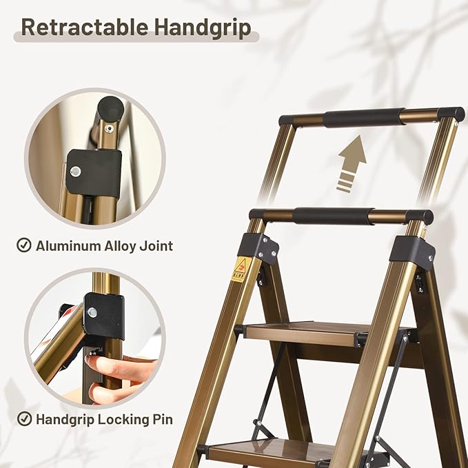 XinSunho 3 Step Ladder, Aluminum 3 Step Stool with Retractable Handrail and Anti-Slip Wide Pedal, Folding Stool Ladders 3 Steps, 330lbs Safety Household Slim Ladder