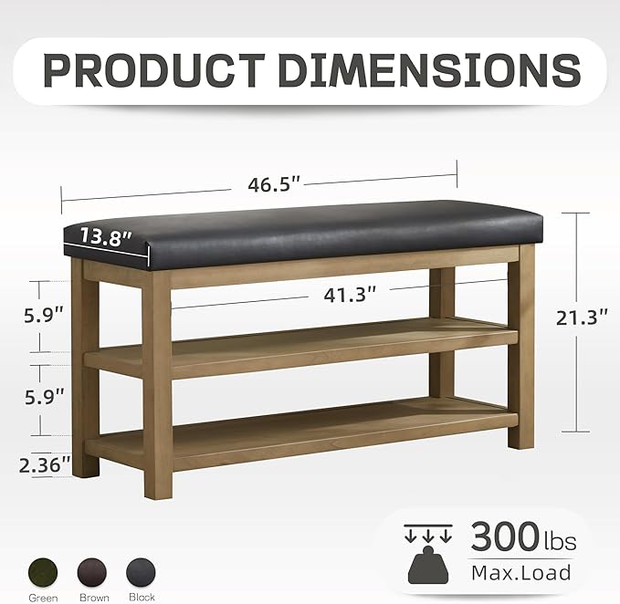 Zihanhome Shoe Rack Bench with Leather Cushion, 2 Tier Solid Wood Storage Bench, Mid-Century Modern Shoe Bench for Entryway, Hallway, Closet, Front Door Entrance, Foyer (Black, 46.5)