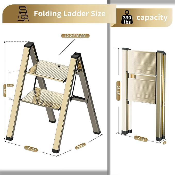 2 Step Lightweight Folding Ladder for Home, 330lbs Aluminum Step Ladder Anti-Slip for Kitchen, Step Stool Foldable Adults for Closet, 330lbs - Champagne Gold
