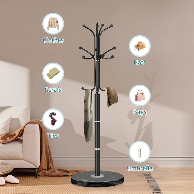 OIRUMIE Coat Rack with Natural Marble Base, Metal Modern Coat Racks Freestanding, Coat Rack Stand with 12 Hooks, Coat Tree Hats Hanger Stand for Entryway, Hallway (12 Hooks-Black)