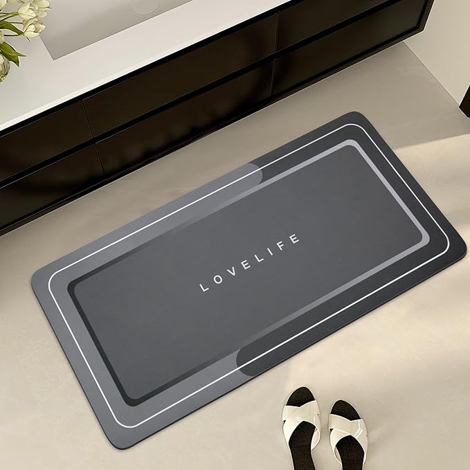 Bath mat Rubber Bathroom Mat-Quick Dry Absorbent Rug Non-Slip Thin Bathroom Rug Instant Dry Magic Bath mats for Bathroom Floor Mat in Front of Bathtub, Sink, Dark Grey, 17x35in