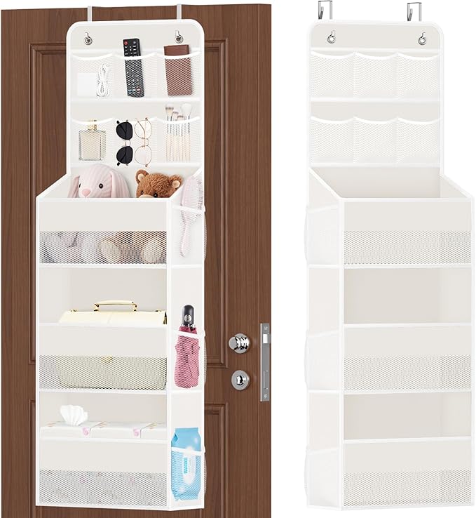 SpaceHacks 5-Tier Over the Door Organizer with Mesh Pockets, Baby Nursery Storage for Closet, Bathroom and Bedroom, Adjustable Hanging Closet Organizer for Cosmetics, Books and Essentials (Beige)