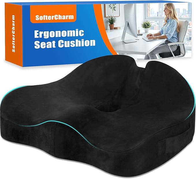 Ergonomic Seat Cushion for Office Chair, Memory Foam Coccyx Cushion for Tailbone Pain Relief, Non-Slip Washable Cover, Pressure Relief Chair Pad for Office, Car, Wheelchair & Home Black
