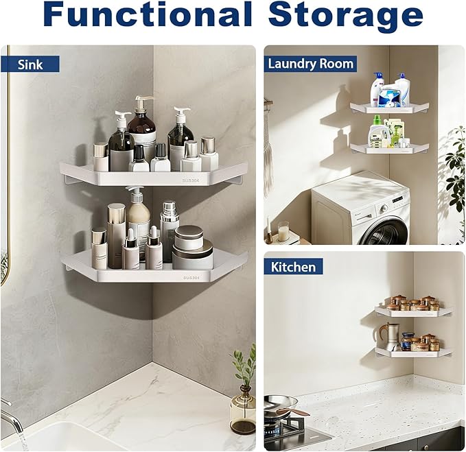 NearMoon Bathroom Shower Caddy 2 Pack, 304 Stainless Steel Shower Organizer, Screw Mounted (Diamond Corner Shelf, Brushed Nickel)