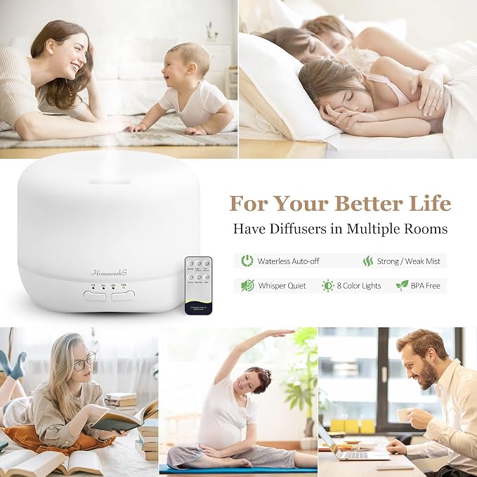 Aromatherapy Essential Oil Diffuser for Room: Air Humidifier Aroma Scent Cool Mist Colorful Lights Cute Small Large Auto Off Ultrasonic Diffusers for Home Bedroom White (300ml)