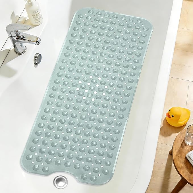 Extra Long Bathtub Mat Non Slip, Mint Green Soft Bath Mat for Tub 40 x 16 Inch Full Size, Bath Tub Shower Mats for Bathroom Floor, Big Suction Cups and Drain Holes, Easy Washable, BPA Free