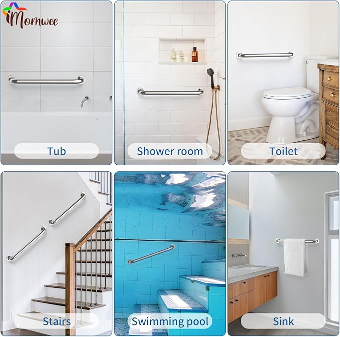 2 Pack 24 Inch Shower Grab Bar, iMomwee Chrome Stainless Steel Bathroom Grab Bar Handle, Bathroom Shower Balance Bar,Safety Hand Rail Support,Handicap Elderly Senior Assist Bath Handle(1.5" Diameter)