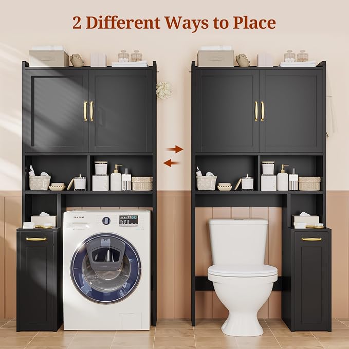 UPOSOJA Over The Toilet Storage Cabinet with Pulley Bathroom Storage Cabinet, Space Saver W/Adjustable Shelf & Open Shelf for Bathroom, Restroom, Laundry (Black)