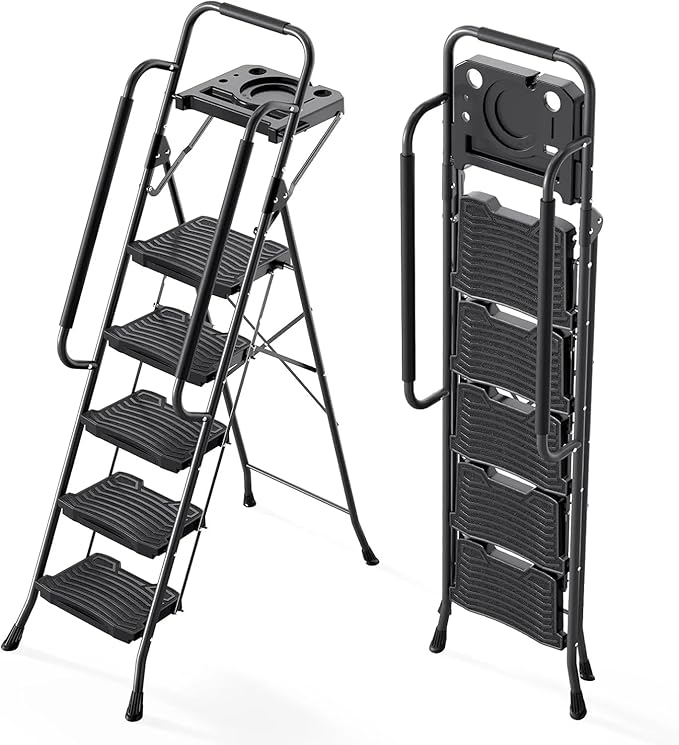 Simple Deluxe 5 Step Ladder with Tool Platform, 900 lbs Sturdy Step Stool with Handrail, Step Stool for Adults, Step Ladder for Home Kitchen and Outdoor, Black
