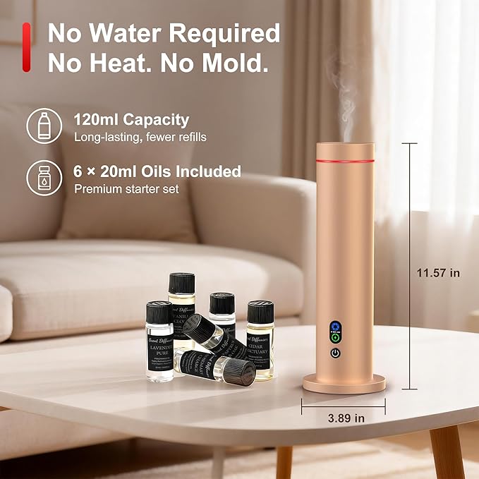Maromalife Waterless Diffuser, Essential Oil Diffuser, 1000 Sq.Ft Coverage Scent Diffuser – Plug-in Only, Adjustable Mist, Remote, Mood Lights for Home & Office, Large Room, Hotel, Gold