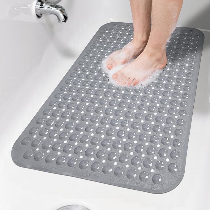 Grey Bathtub Mat Shower Mat Non Slip 17x30 Inch Standard Size, Soft Bubble Bath Tub Mat Shower Mats for Inside Shower Bathroom Floor Mat with Big Suction Cups & Drain Holes, BPA-Free