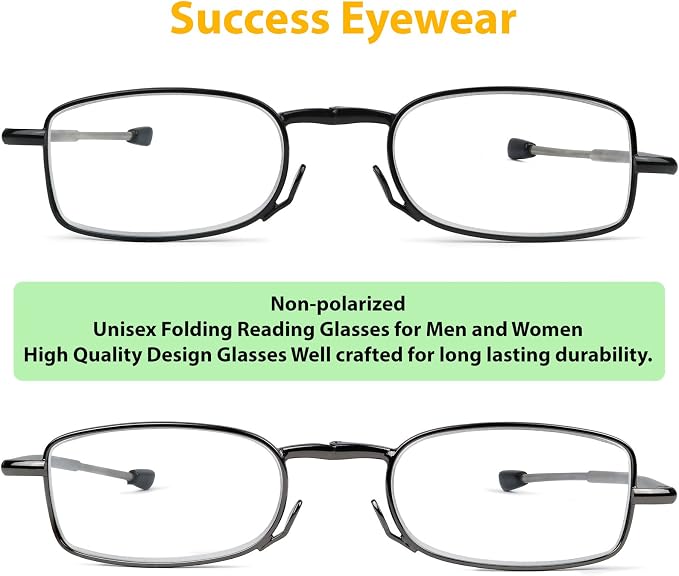 Success Eyewear Reading Glasses 2 Pair Black and Gunmetal Readers Compact Folding Unisex Glasses for Reading Case Included