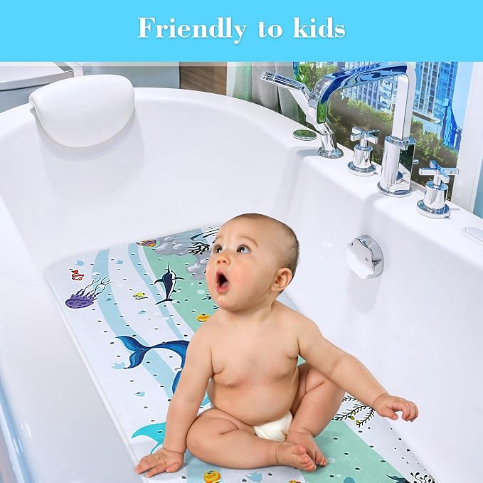 Secopad Bath Mat for Tub Non Slip, Machine Washable Anti-Slip Cartoon Baby Bathtub Shower Mat with Drain Holes and Suction Cups for Toddler & Kids (40 Inch x 16 Inch-Rectangular, Blue Dolphine)