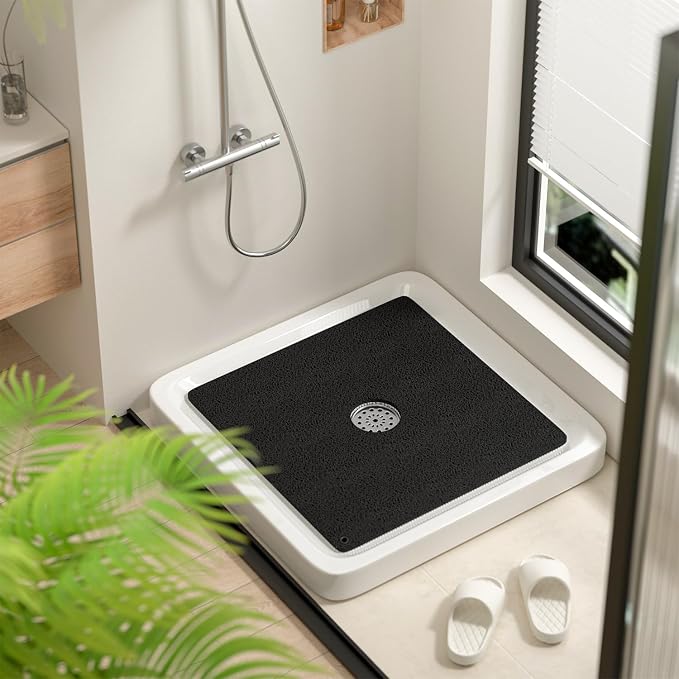 HITSLAM Non Slip Shower Mat for Textured Tub Floor, 21x21 Inch Square Loofah Bath Mat for Inside Shower Stall, Quick Drying, No Suction Cups, Black