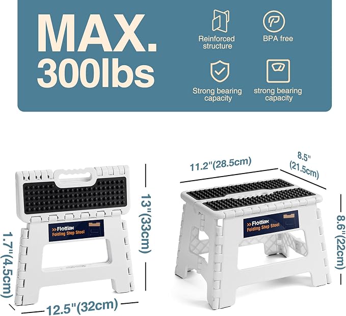 Flottian 9" Folding Step Stool for Adults and Kids Holds Up to 300 lbs,Non-Slip Folding Stools with Portable Handle, Compact Plastic Foldable Step Stool for Bathroom,Bedroom, Kitchen White