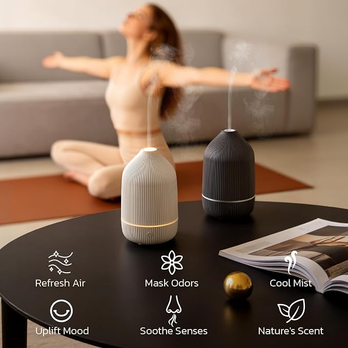 Essential Oil Diffuser, 2Pack, 100ml Aromatherapy Diffuser, Mini Ultrasonic Diffuser for Essential Oil, Home, Office, Cool Mist Humidifier with 7 Led Light, Auto Shut-Off, White & Black